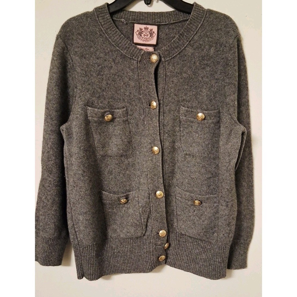 JUICY COUTURE  Gray Cardigan Sweater Gold Logo Button Y2K Sz Extra Large Flaw
